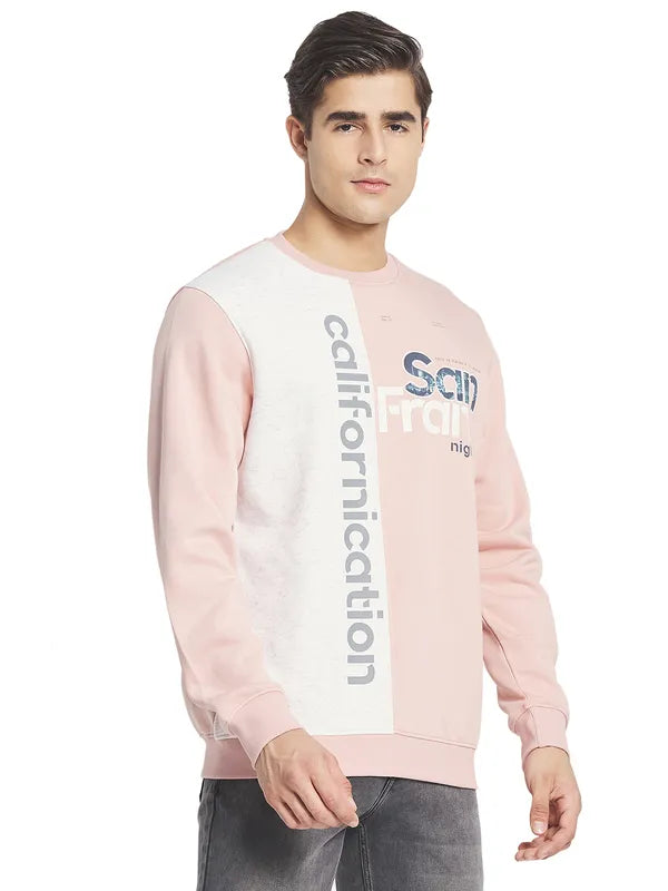 Octave Men Pink White Printed Fleece Round Neck Sweatshirt