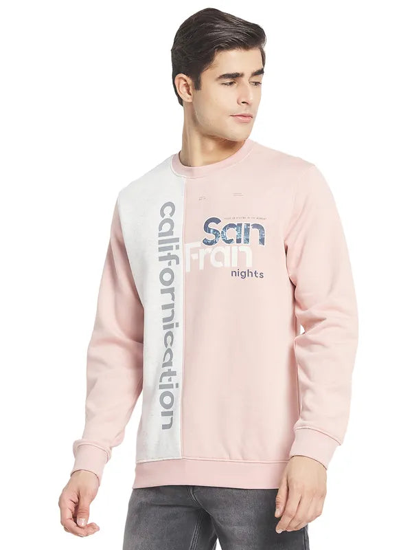 Octave Men Pink White Printed Fleece Round Neck Sweatshirt