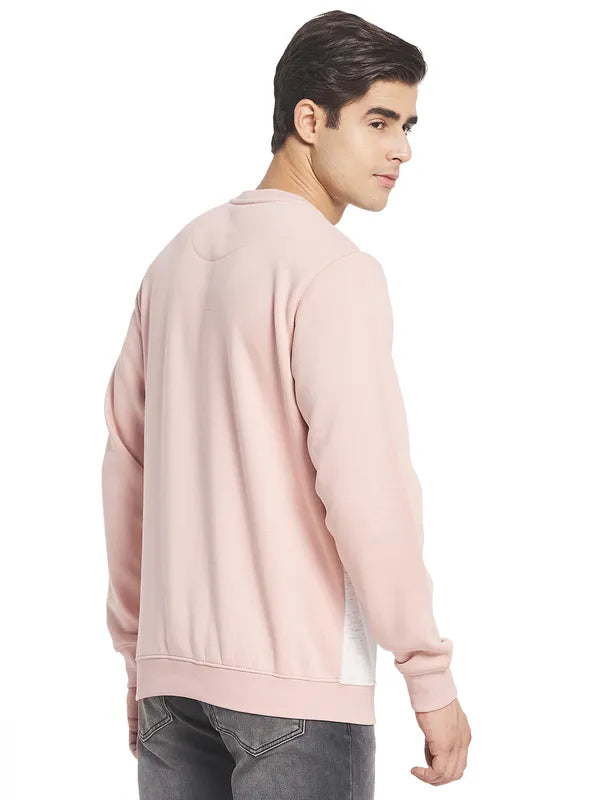 Octave Men Pink White Printed Fleece Round Neck Sweatshirt