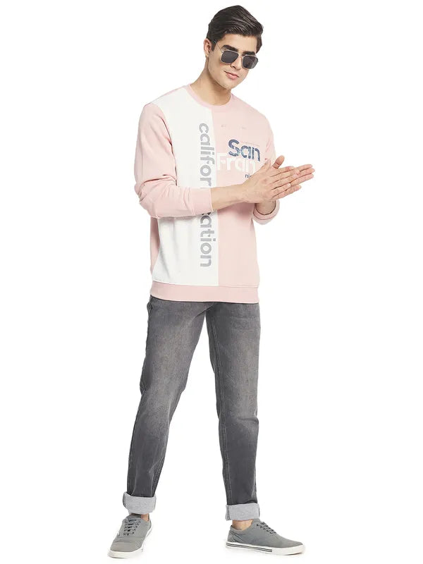 Octave Men Pink White Printed Fleece Round Neck Sweatshirt