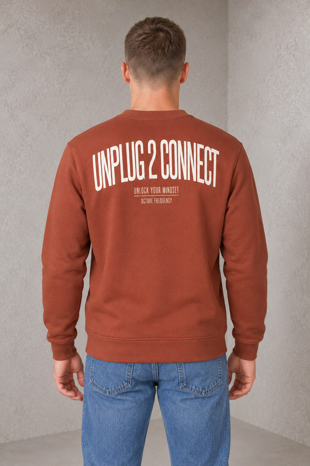 Men's Regular Fit Knitted Cotton Fleece Crew Neck Sweatshirt with Unplug 2 Connect Graphic Print – Rust