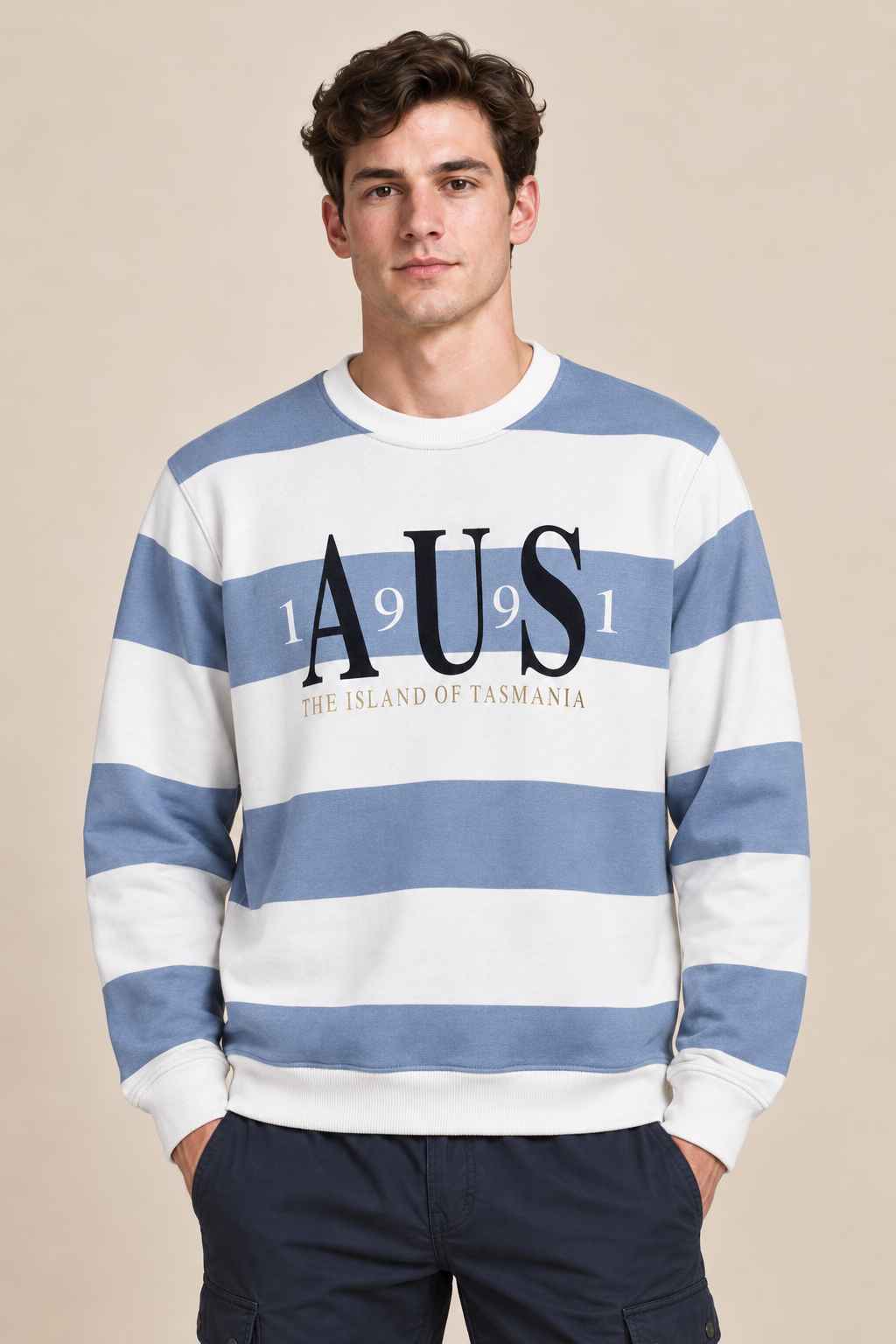 Men’s Oxford Blue Cotton Blend Graphic Sweatshirt – Regular Fit Crew Neck