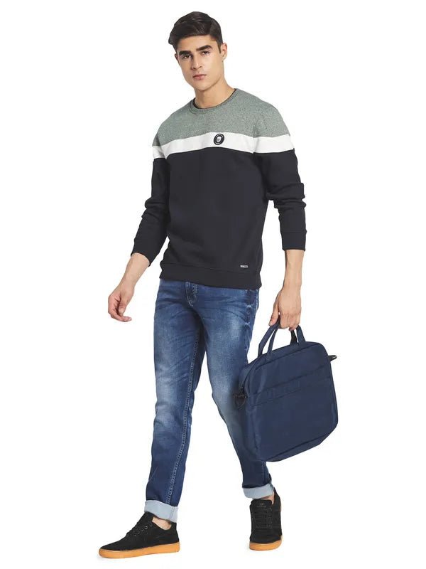 Octave Men Navy Blue Colourblocked Fleece Sweatshirt