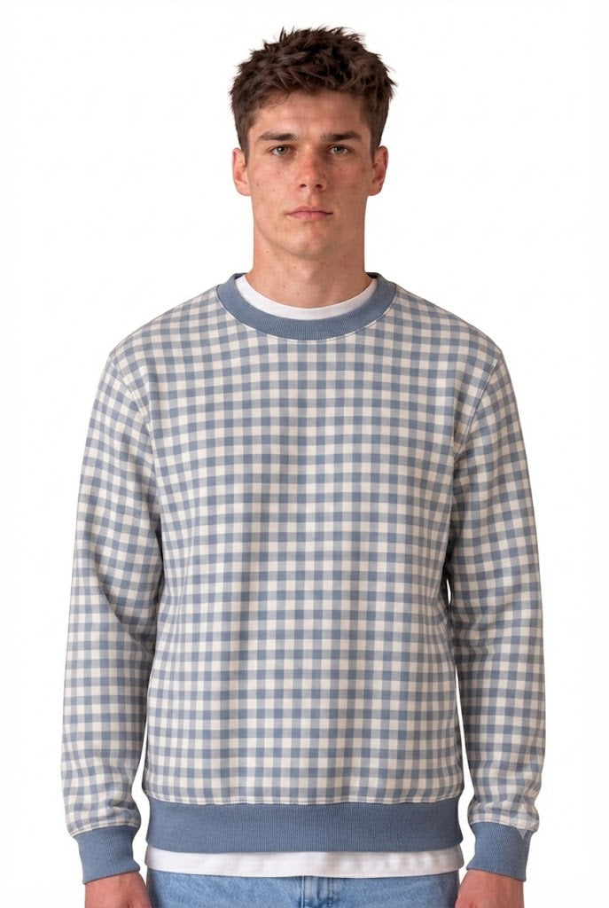 Men's Sky Checkered Sweatshirt | Super Soft German Velvet Crew Neck Pullover