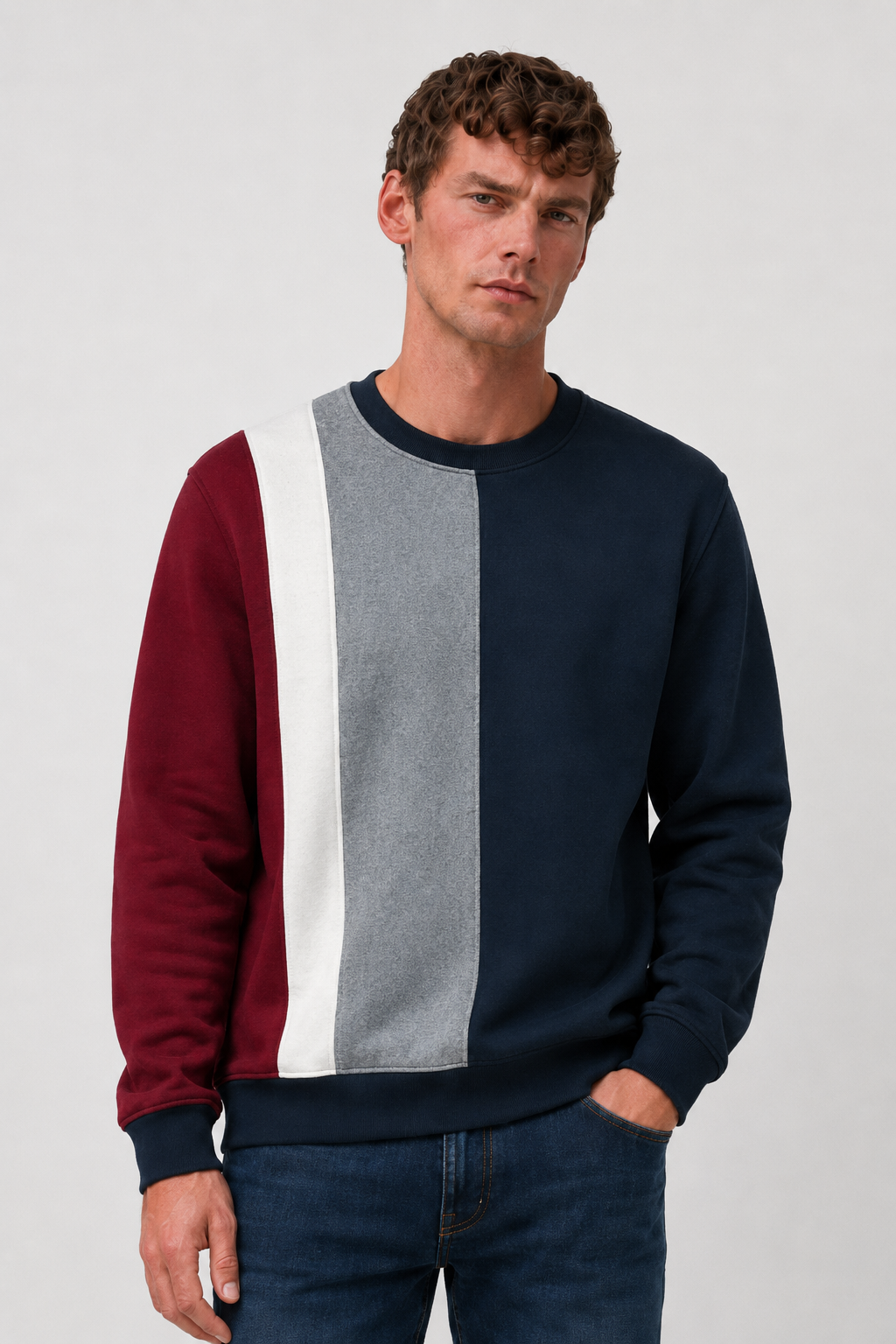 Men’s Navy Cotton Fleece Colour Block Crew Neck Sweatshirt – Regular Fit Full Sleeve Winter Sweatshirt