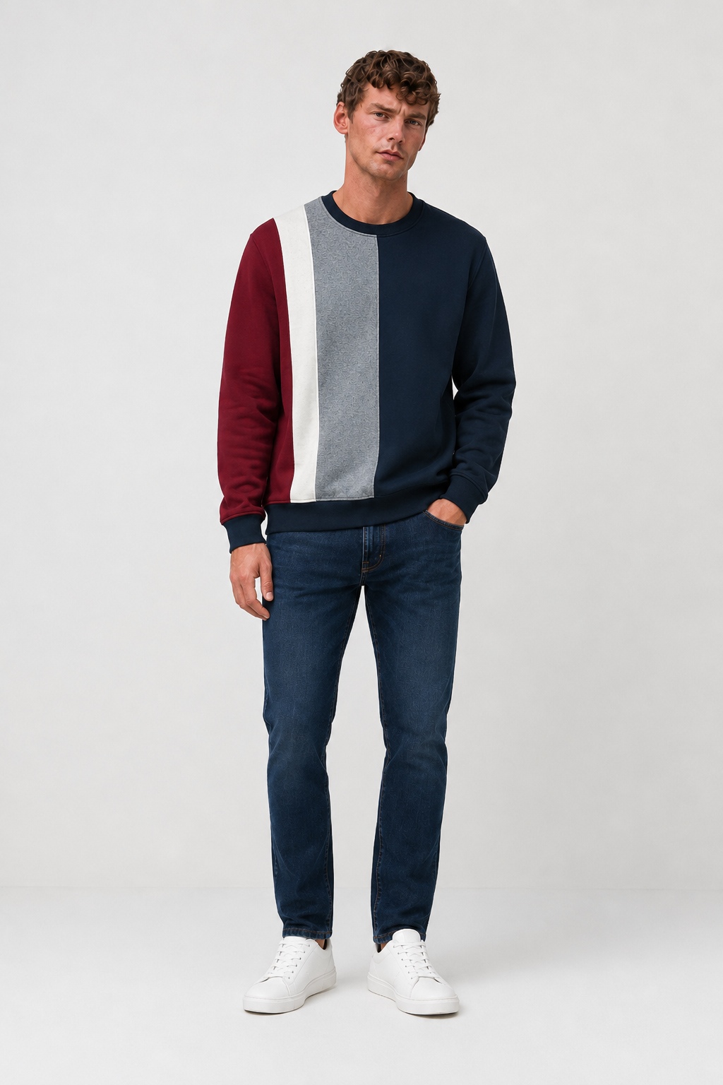Men’s Navy Cotton Fleece Colour Block Crew Neck Sweatshirt – Regular Fit Full Sleeve Winter Sweatshirt