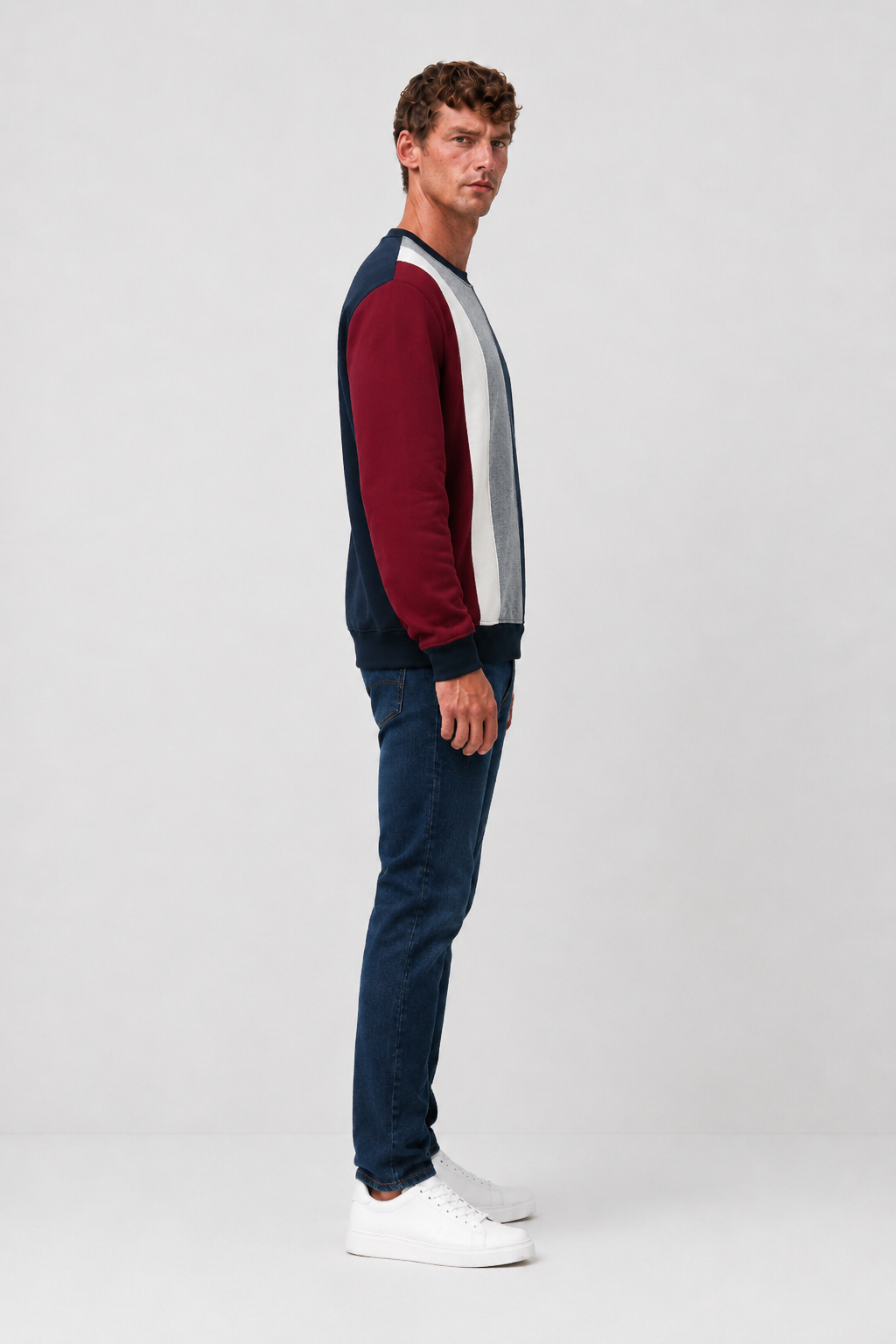 Men’s Navy Cotton Fleece Colour Block Crew Neck Sweatshirt – Regular Fit Full Sleeve Winter Sweatshirt