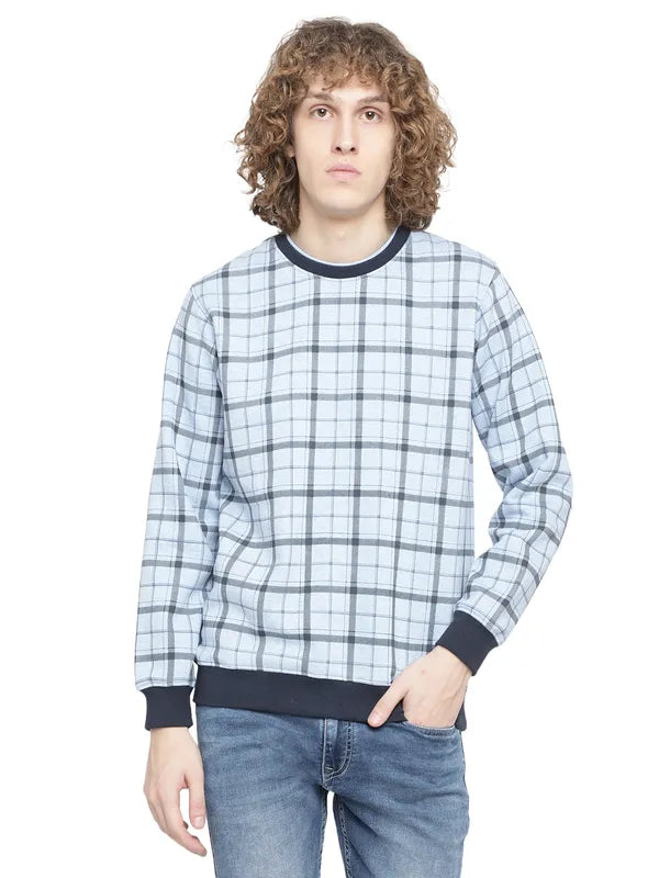 Octave Men Blue Checked Fleece Sweatshirt