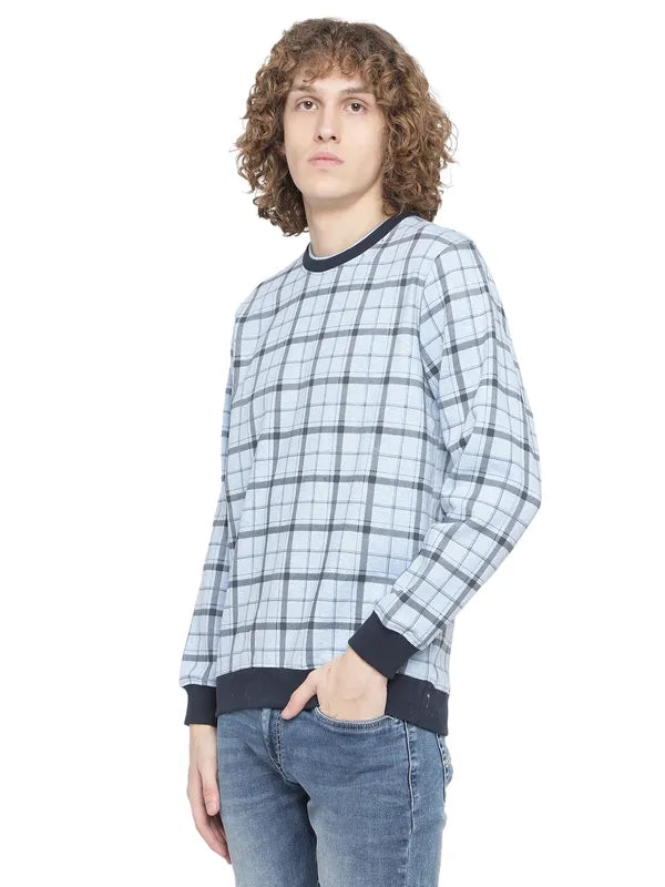 Octave Men Blue Checked Fleece Sweatshirt