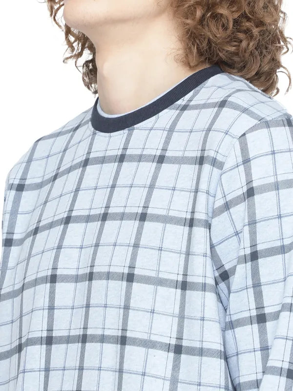 Octave Men Blue Checked Fleece Sweatshirt