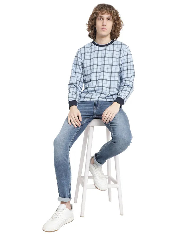 Octave Men Blue Checked Fleece Sweatshirt