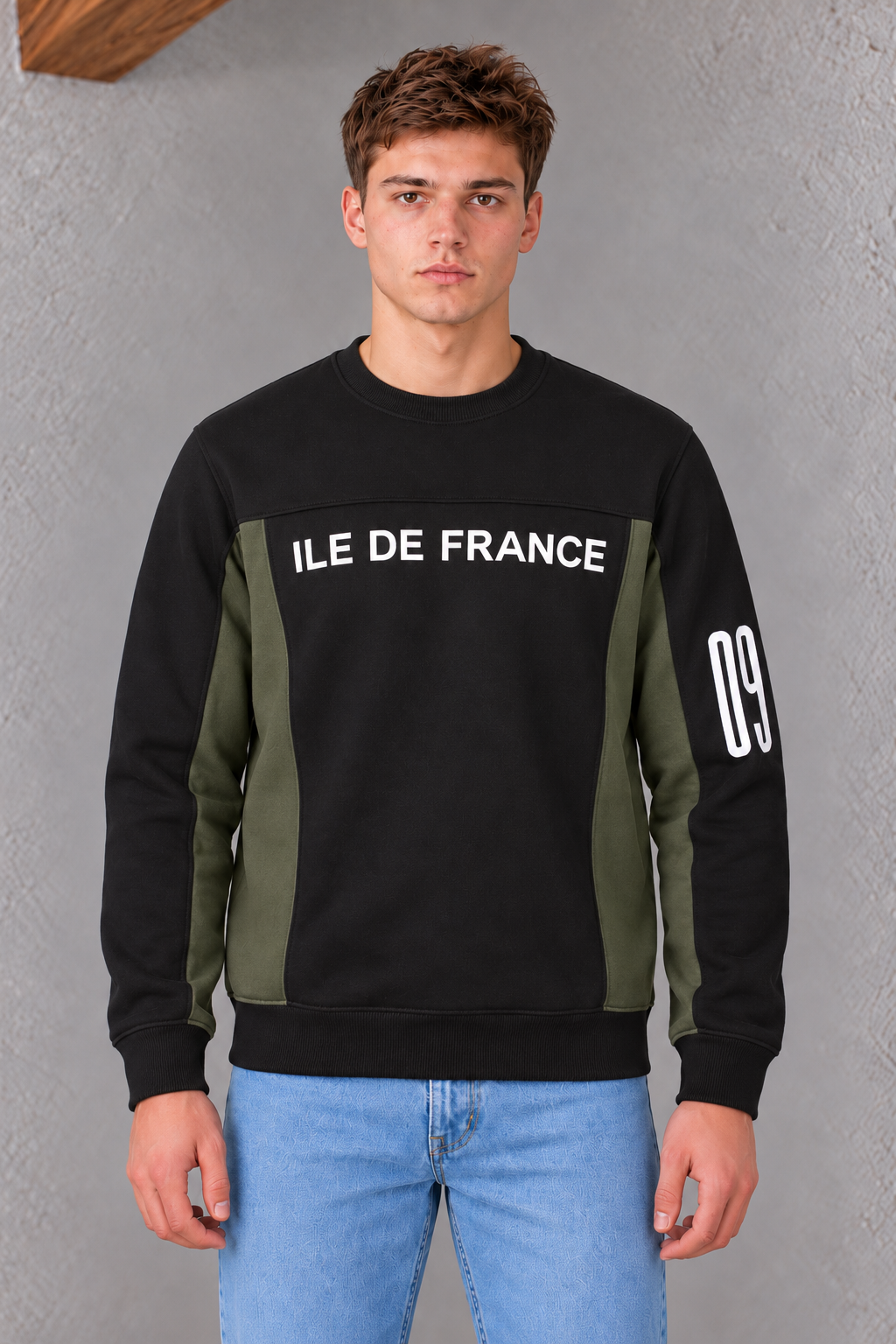 Men's Knitted Brushed Cotton Fleece Colorblock Crewneck Sweatshirt - Black