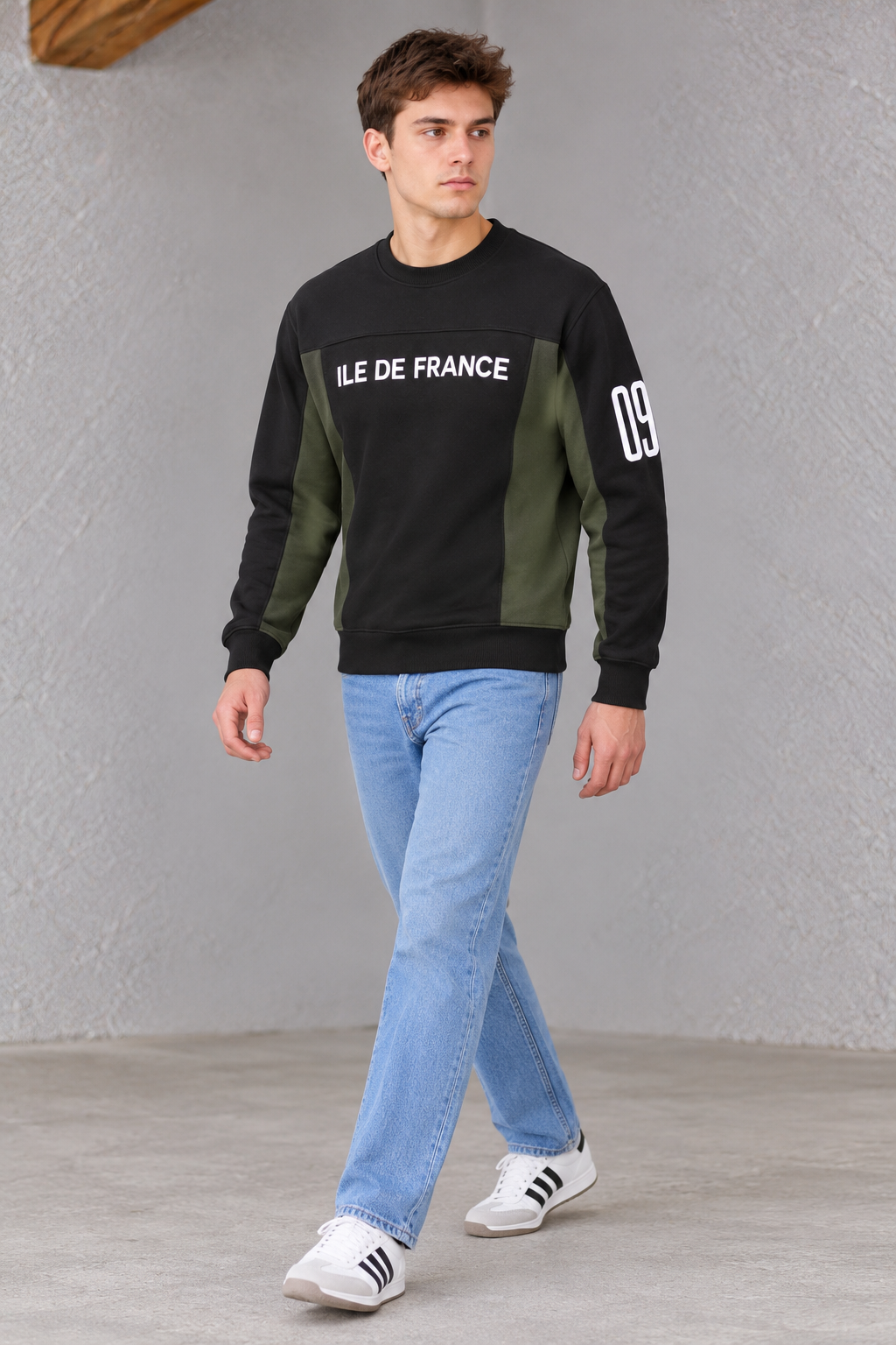 Men's Knitted Brushed Cotton Fleece Colorblock Crewneck Sweatshirt - Black