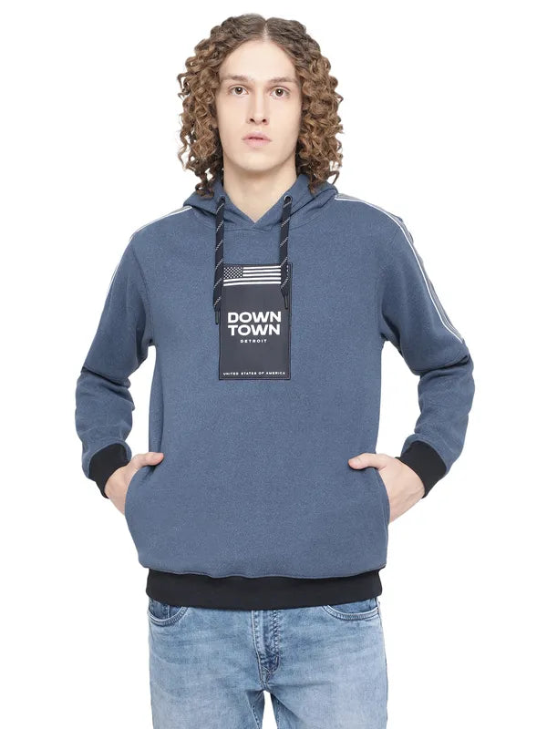 Octave Men Blue Printed Hooded Fleece Sweatshirt
