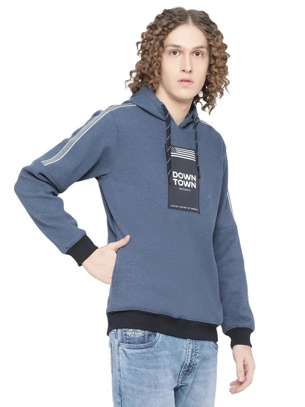 Octave Men Blue Printed Hooded Fleece Sweatshirt