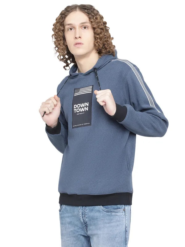 Octave Men Blue Printed Hooded Fleece Sweatshirt