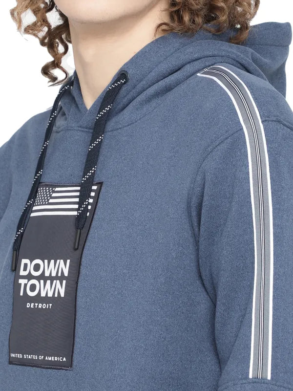 Octave Men Blue Printed Hooded Fleece Sweatshirt