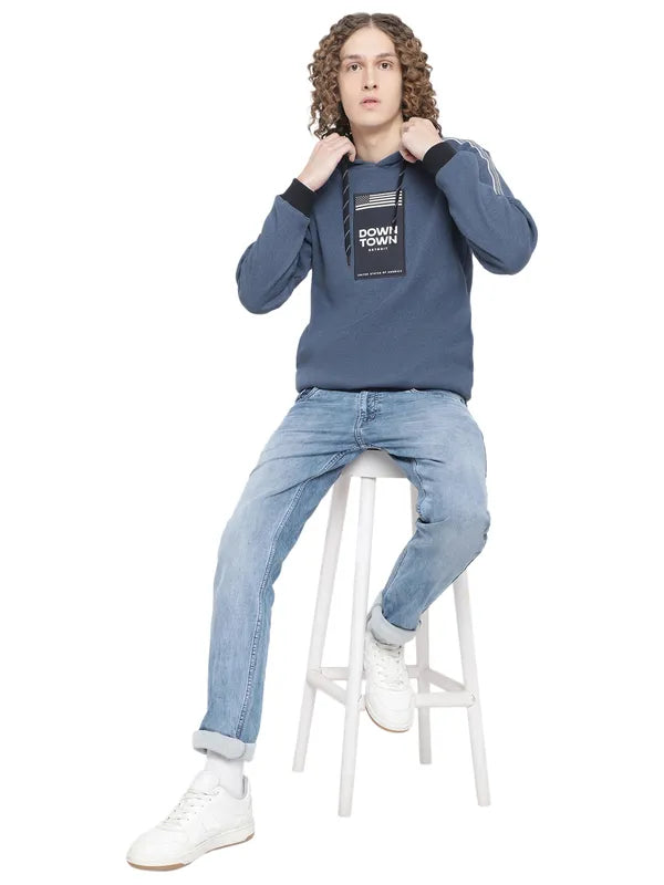 Octave Men Blue Printed Hooded Fleece Sweatshirt