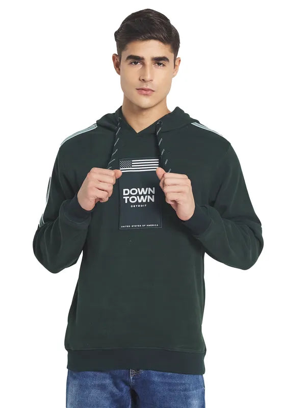 Octave Men Green Printed Fleece Hooded Sweatshirt