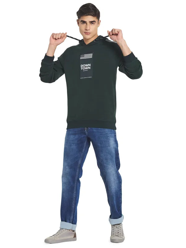 Octave Men Green Printed Fleece Hooded Sweatshirt