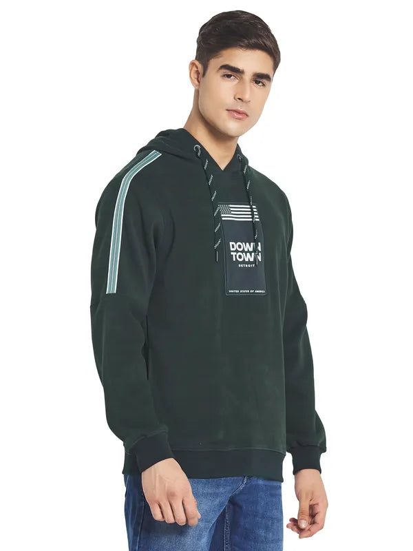 Octave Men Green Printed Fleece Hooded Sweatshirt