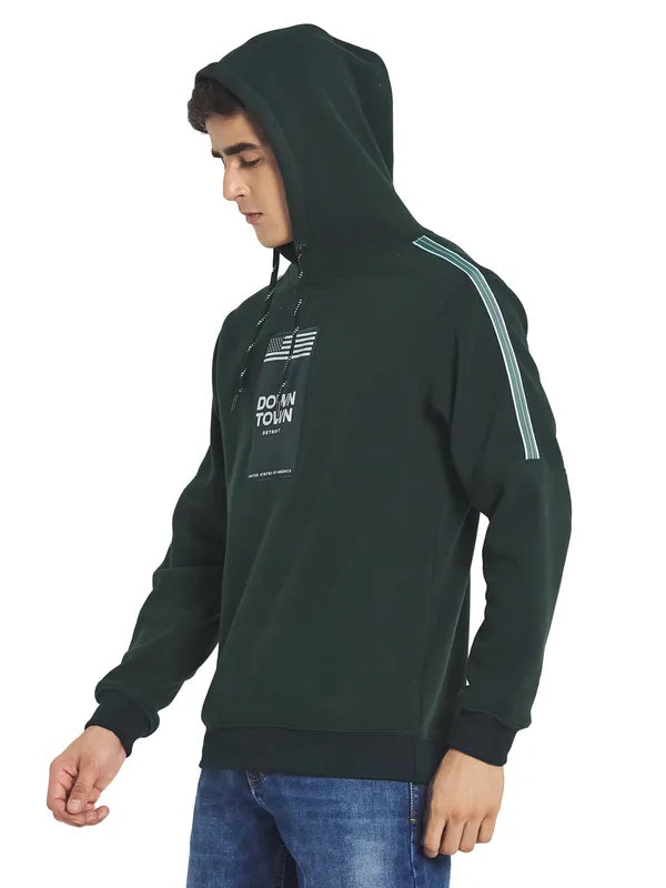 Octave Men Green Printed Fleece Hooded Sweatshirt