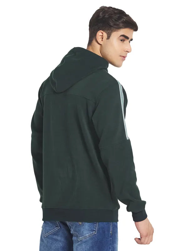 Octave Men Green Printed Fleece Hooded Sweatshirt