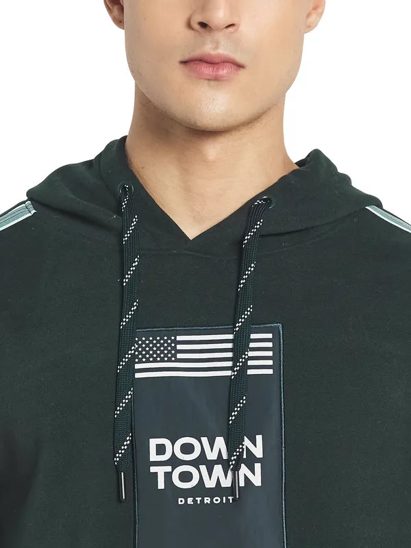 Octave Men Green Printed Fleece Hooded Sweatshirt
