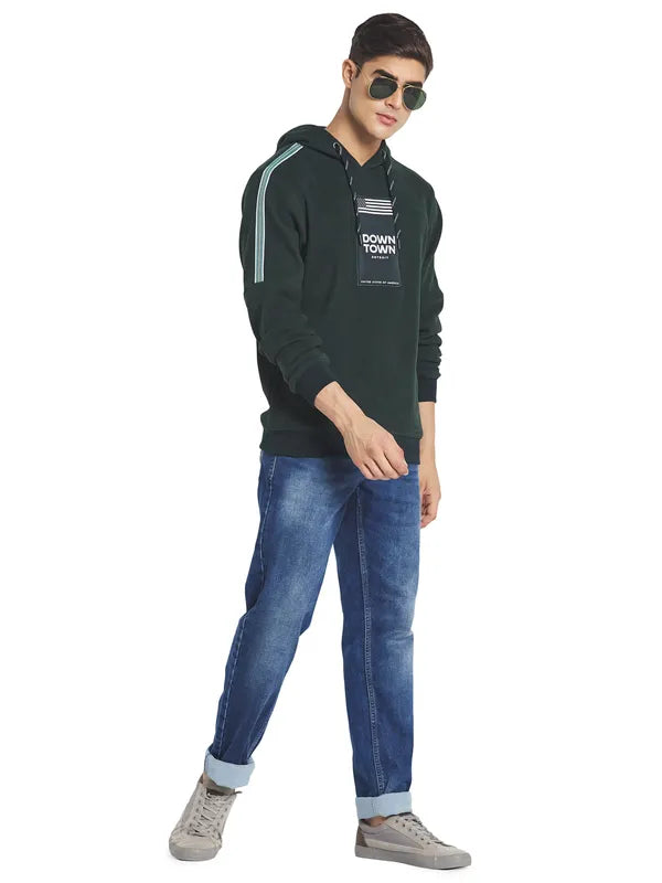 Octave Men Green Printed Fleece Hooded Sweatshirt