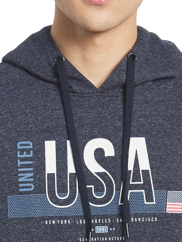 Octave Men Charcoal Printed Fleece Hooded Sweatshirt