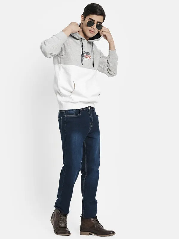 Men Grey Colourblocked Hooded Sweatshirt