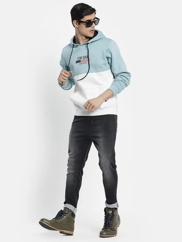 Men Blue Colourblocked Hooded Sweatshirt