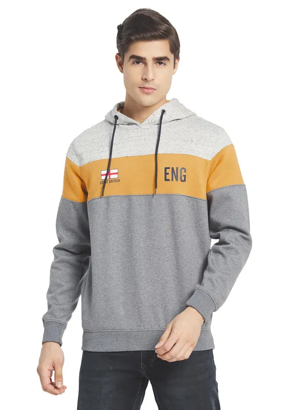 Octave Men Grey Yellow Colourblocked Fleece Hooded Sweatshirt