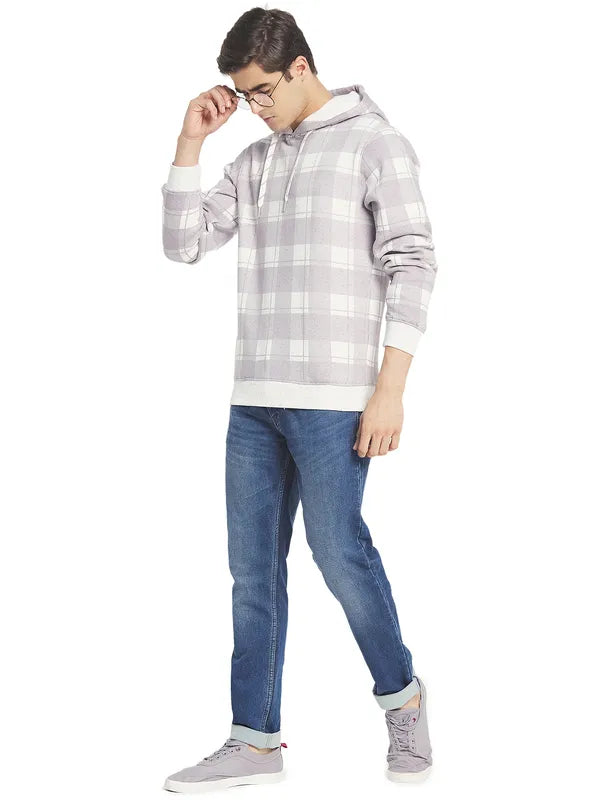 Octave Men Lavender White Checked Hooded Sweatshirt