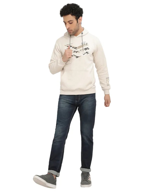 Octave Men Cream-Coloured Printed Hooded Sweatshirt