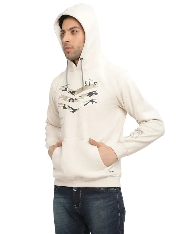 Octave Men Cream-Coloured Printed Hooded Sweatshirt
