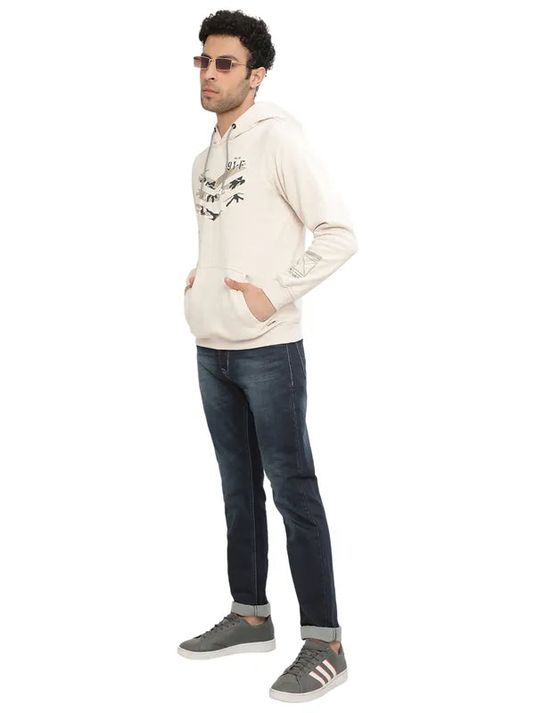 Octave Men Cream-Coloured Printed Hooded Sweatshirt