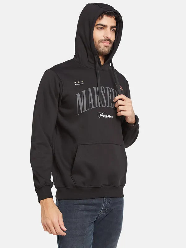Octave Men Black Printed Hooded Sweatshirt
