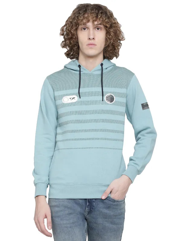 Octave Men Blue Striped Hooded Fleece Sweatshirt
