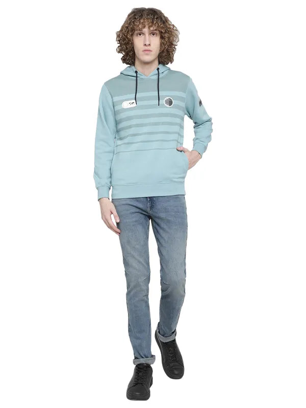 Octave Men Blue Striped Hooded Fleece Sweatshirt