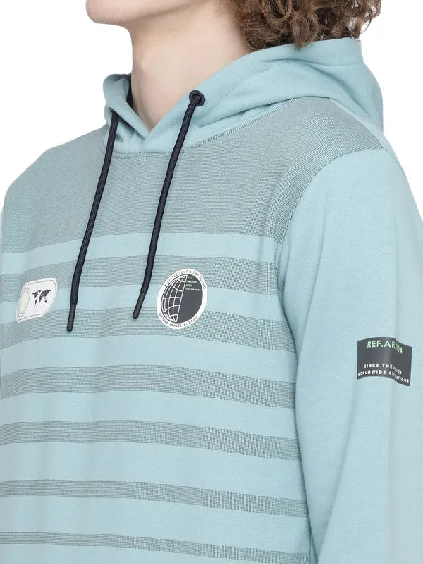 Octave Men Blue Striped Hooded Fleece Sweatshirt