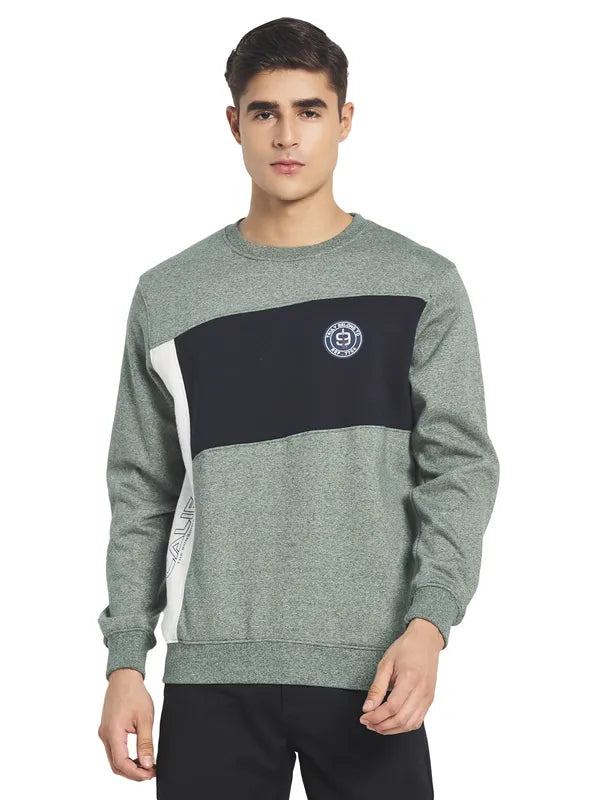 Octave Men Olive Green Colourblocked Fleece Sweatshirt