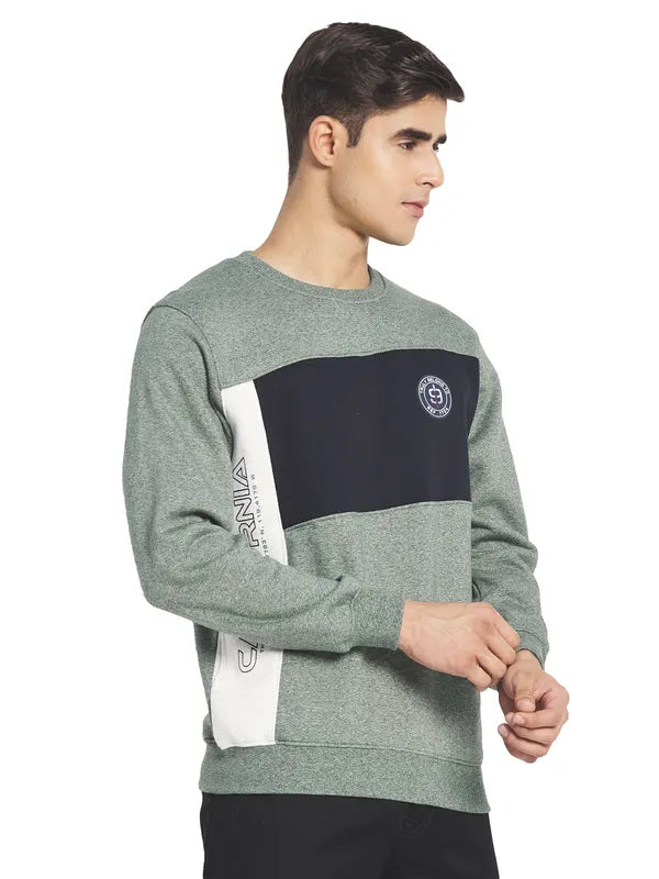 Octave Men Olive Green Colourblocked Fleece Sweatshirt
