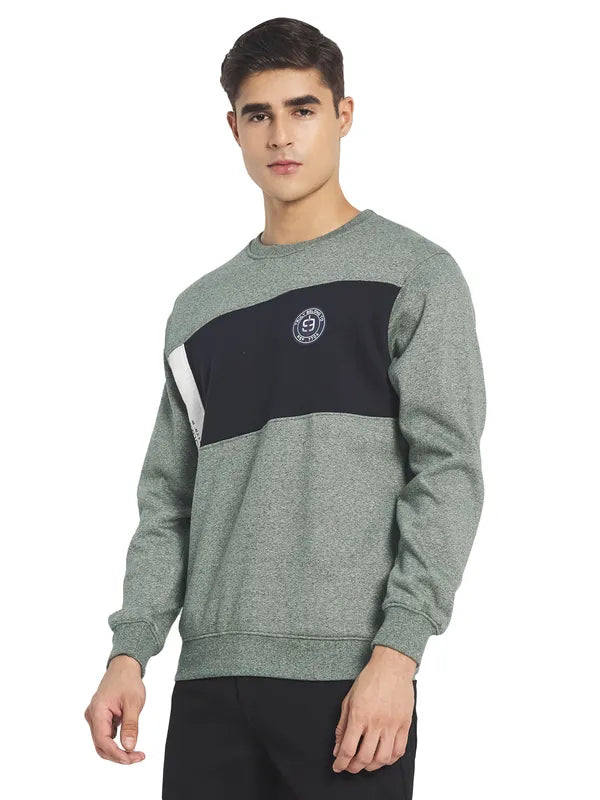 Octave Men Olive Green Colourblocked Fleece Sweatshirt
