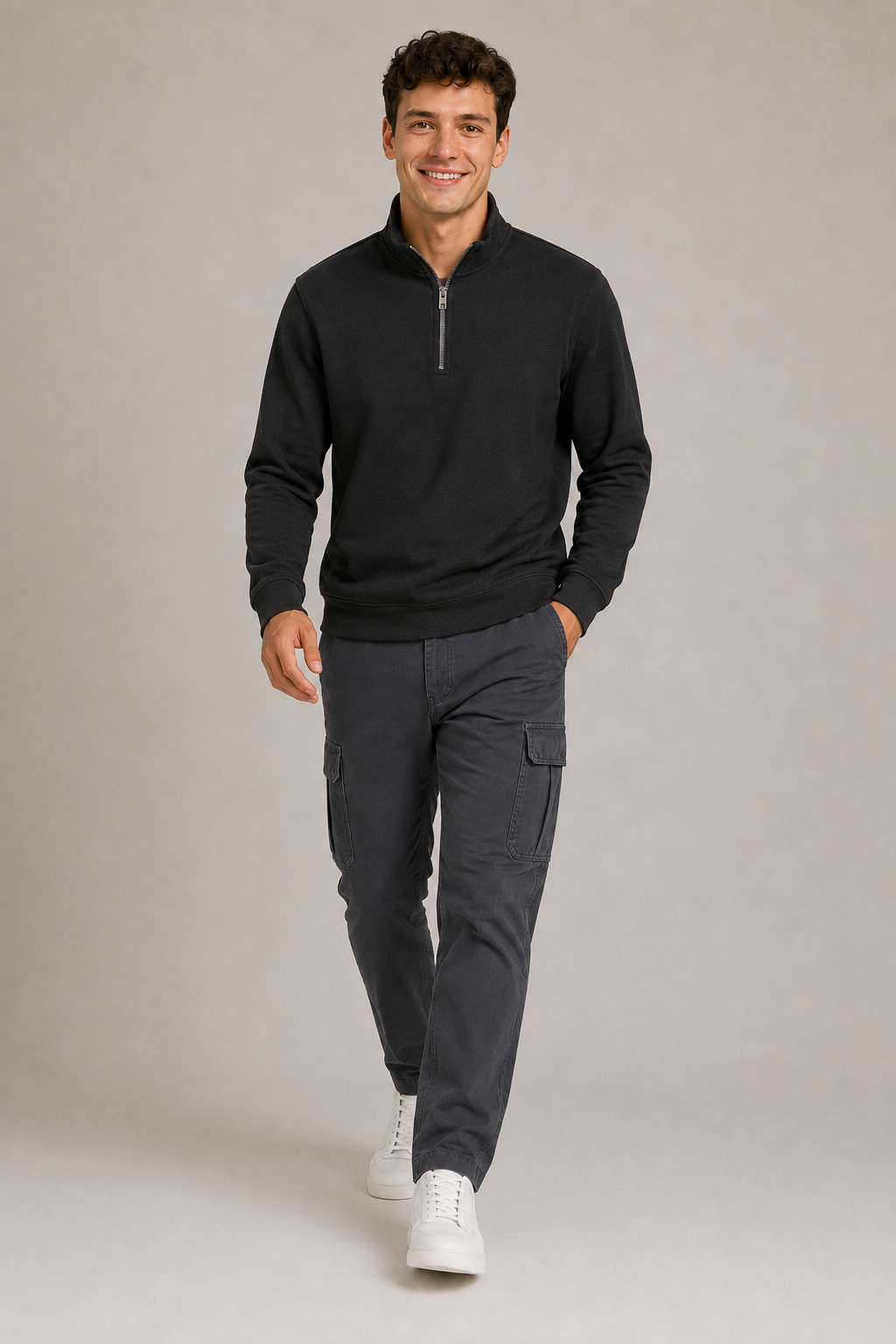 Men’s Black Seersucker Brushed Fleece Half-Zip Winter Sweatshirt