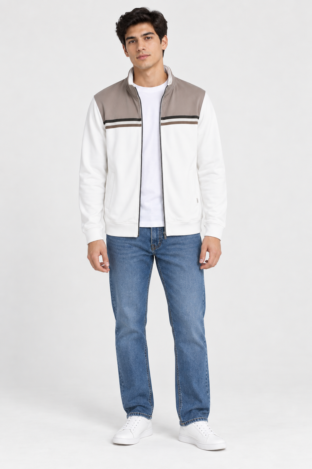 Men’s Regular Fit Cotton Pique Bonded Cut & Sew Full-Zip Sweatshirt – Off White