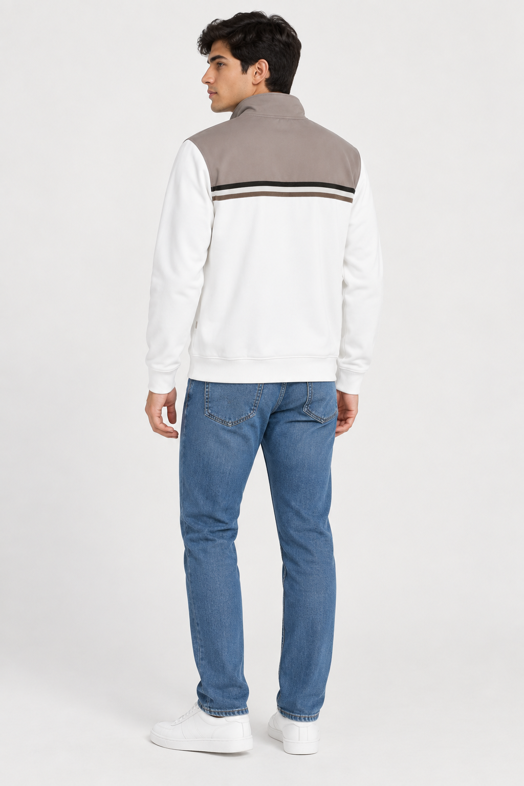 Men’s Regular Fit Cotton Pique Bonded Cut & Sew Full-Zip Sweatshirt – Off White