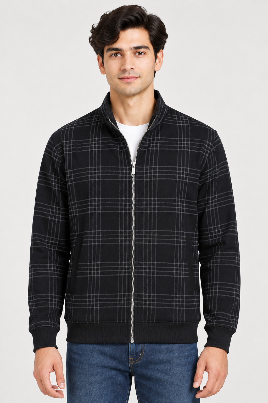 Men’s Regular Fit Cotton Fleece Check Full-Zip Sweatshirt – Dark Navy