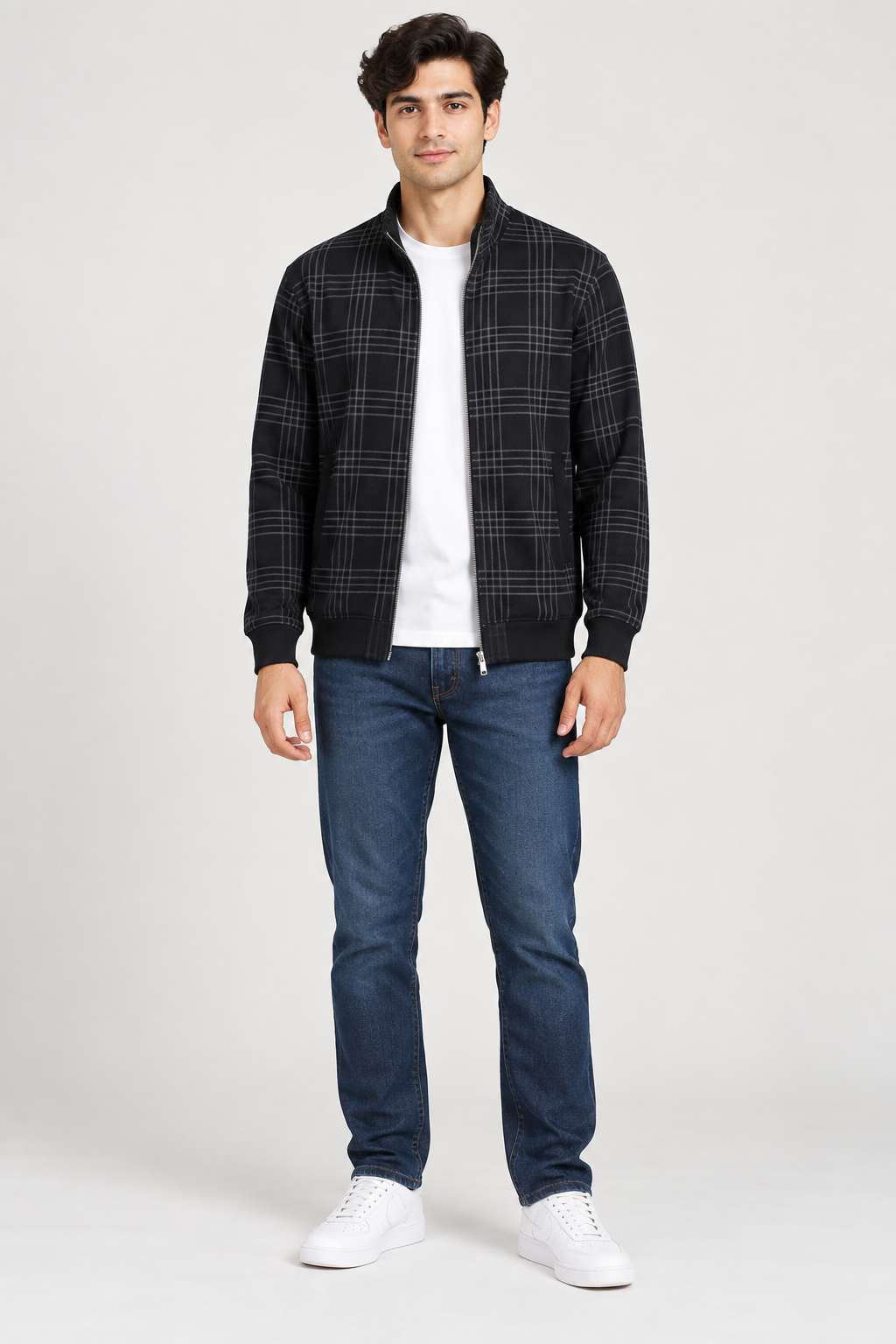 Men’s Regular Fit Cotton Fleece Check Full-Zip Sweatshirt – Dark Navy