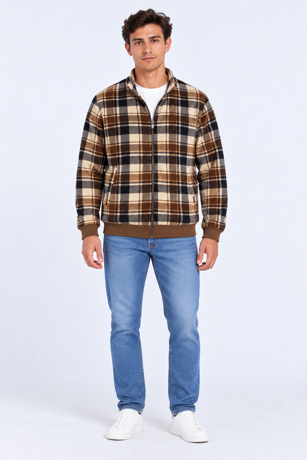 Men’s Regular Fit Ultra Warm Check Full-Zip Sweatshirt – Tan Check